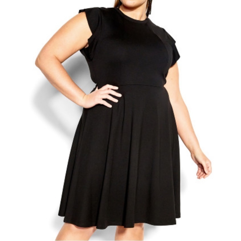 CITY CHIC Frill Shoulder Dress in black size 16